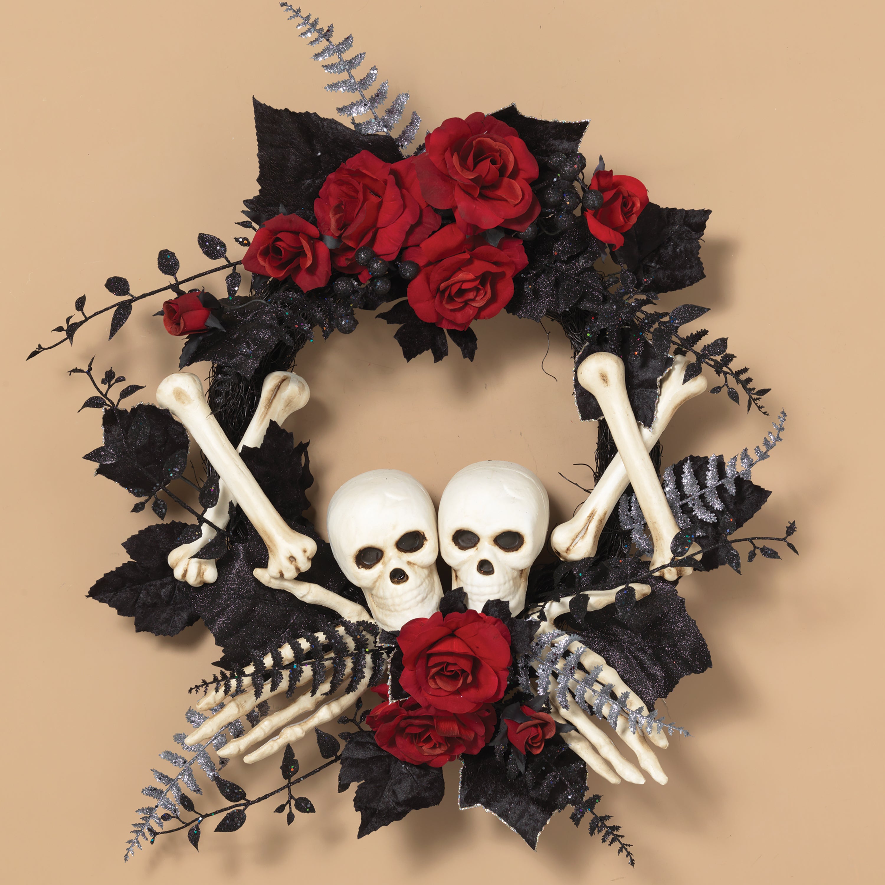 24-Inch Diameter Halloween Skeleton and Roses Wreath